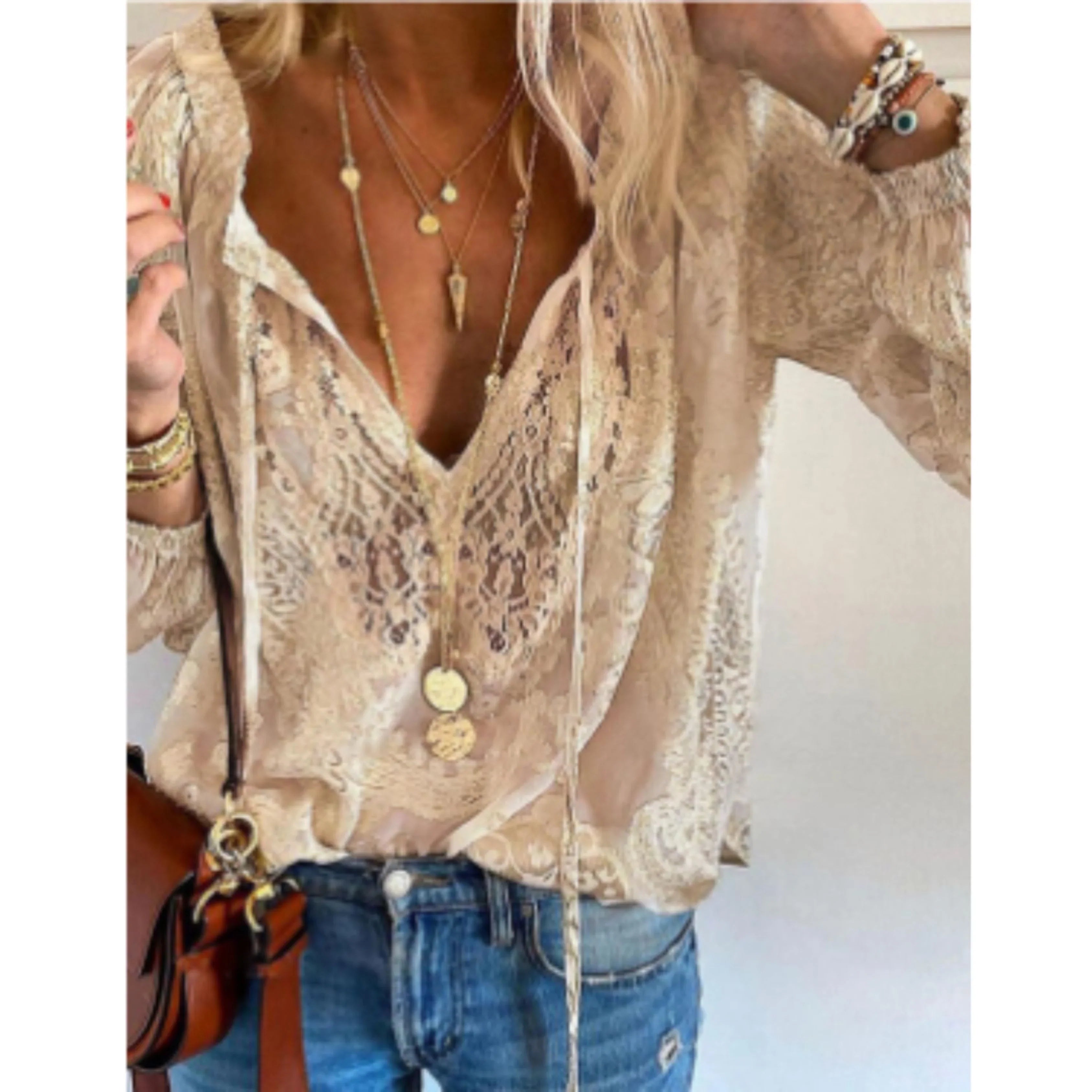 Airy Boho Blouse with Lace and V-Neck for Women