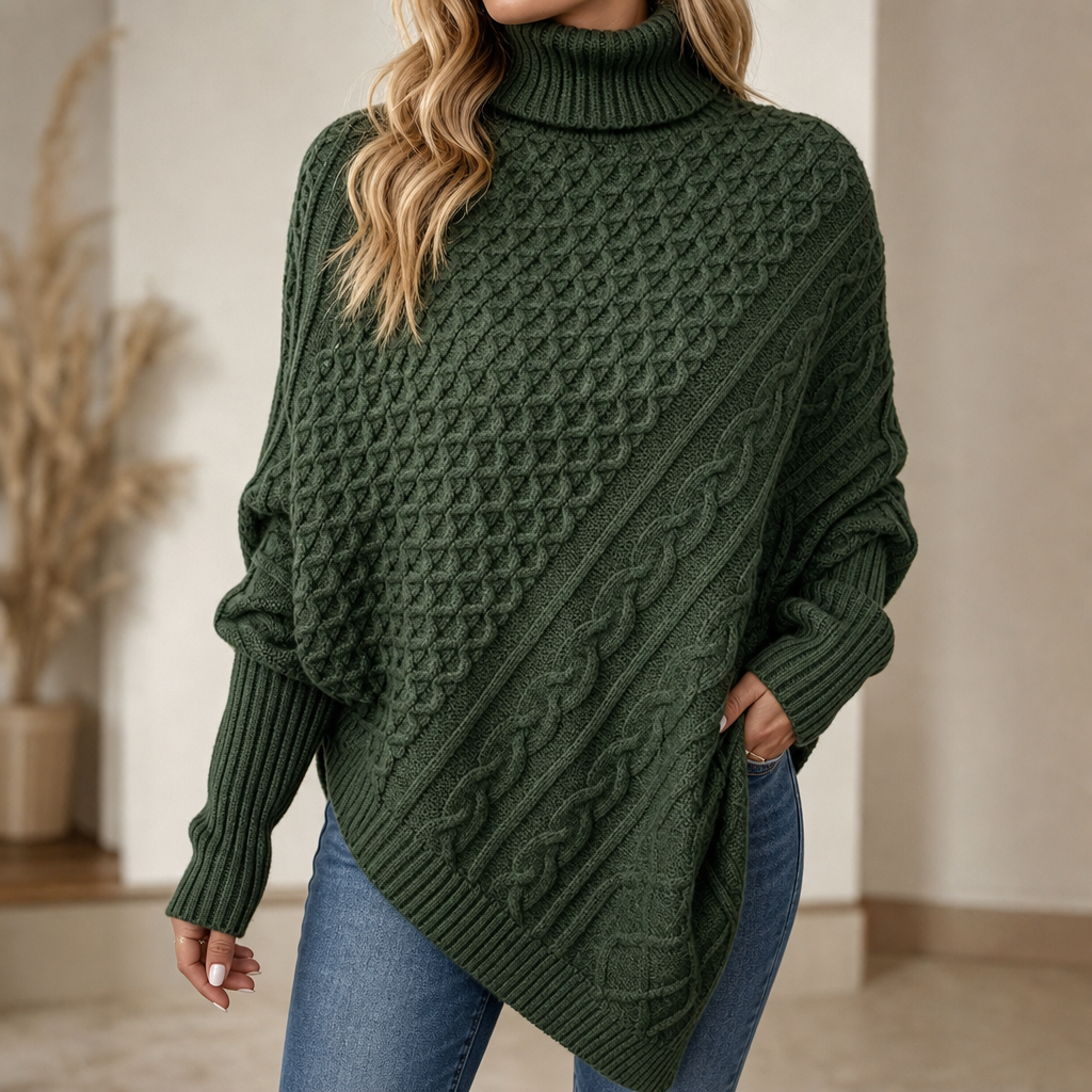 Dames Knusse Kabelgebreide Poncho Trui met Ruime Mouwen