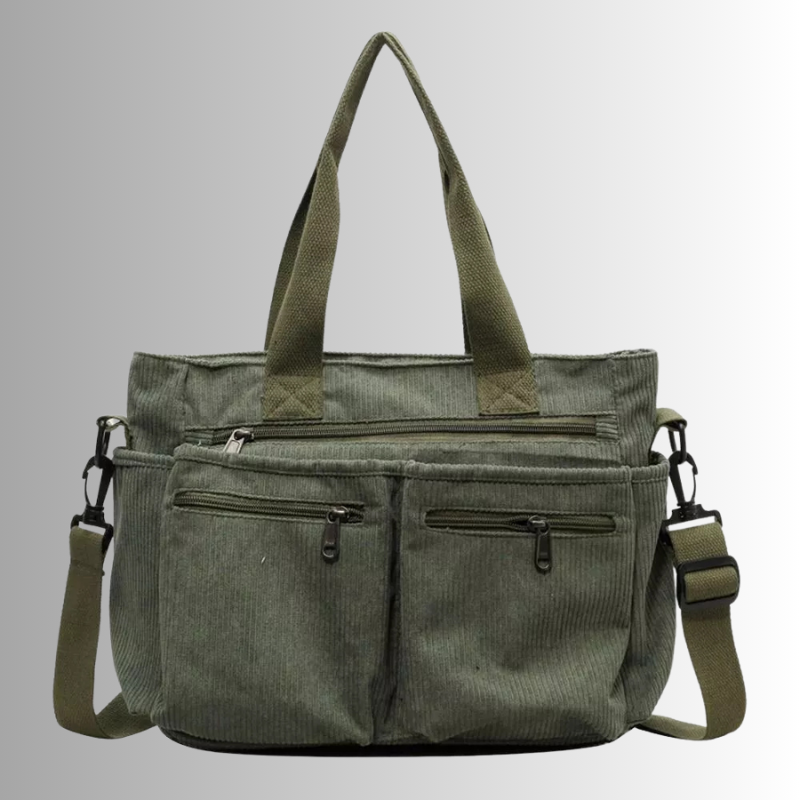 Women's casual corduroy shopper bag with zippered compartments and shoulder strap