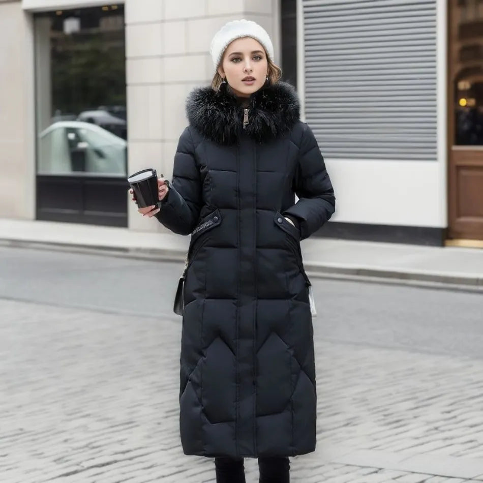Dames Lange Puffer Winterjas met Capuchon en Bontkraag en Warm