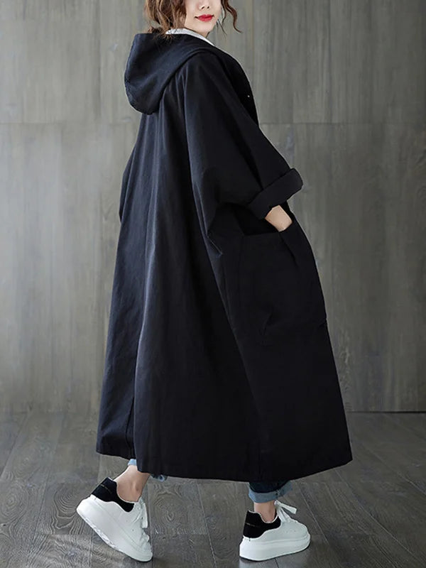 Oversized Midi Trench Coat With Hood And Large Pockets For Women