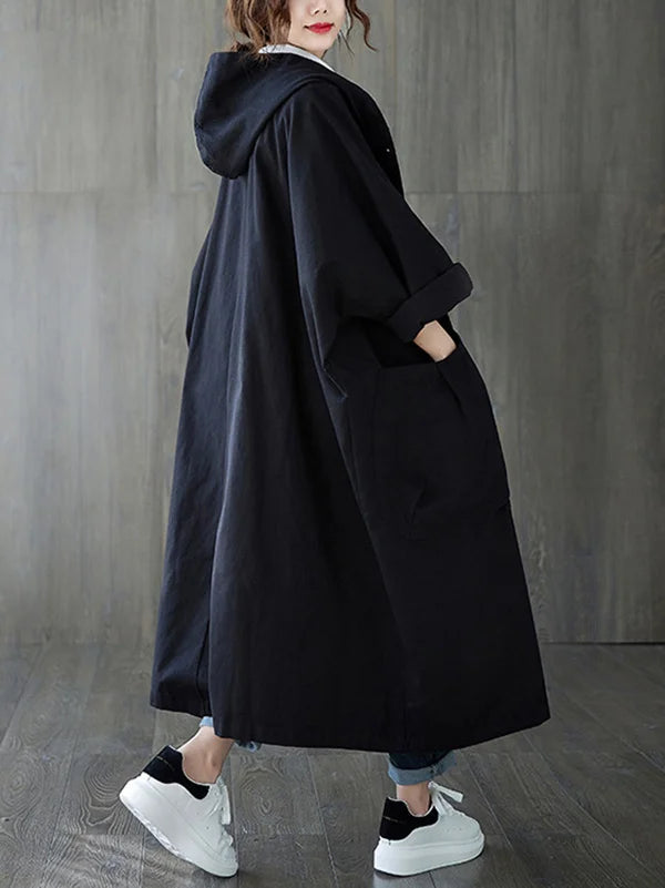 Oversized Midi Trenchcoat Met Capuchon En Grote Zakken Voor Dames