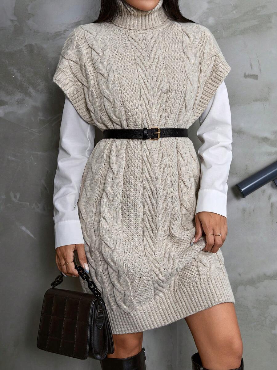 Warme Kabelgebreide Mini Sweaterjurk Voor Dames Met Col