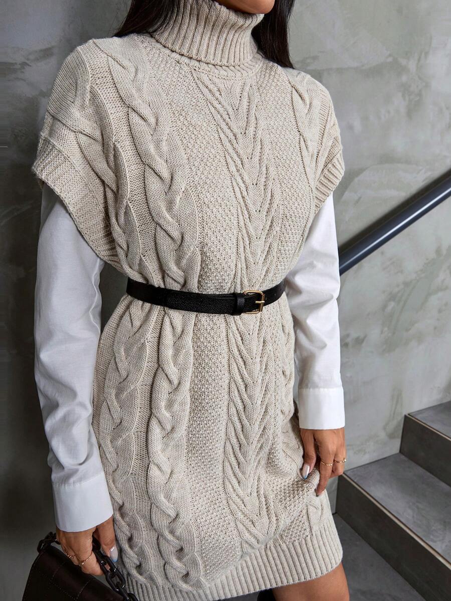 Warme Kabelgebreide Mini Sweaterjurk Voor Dames Met Col
