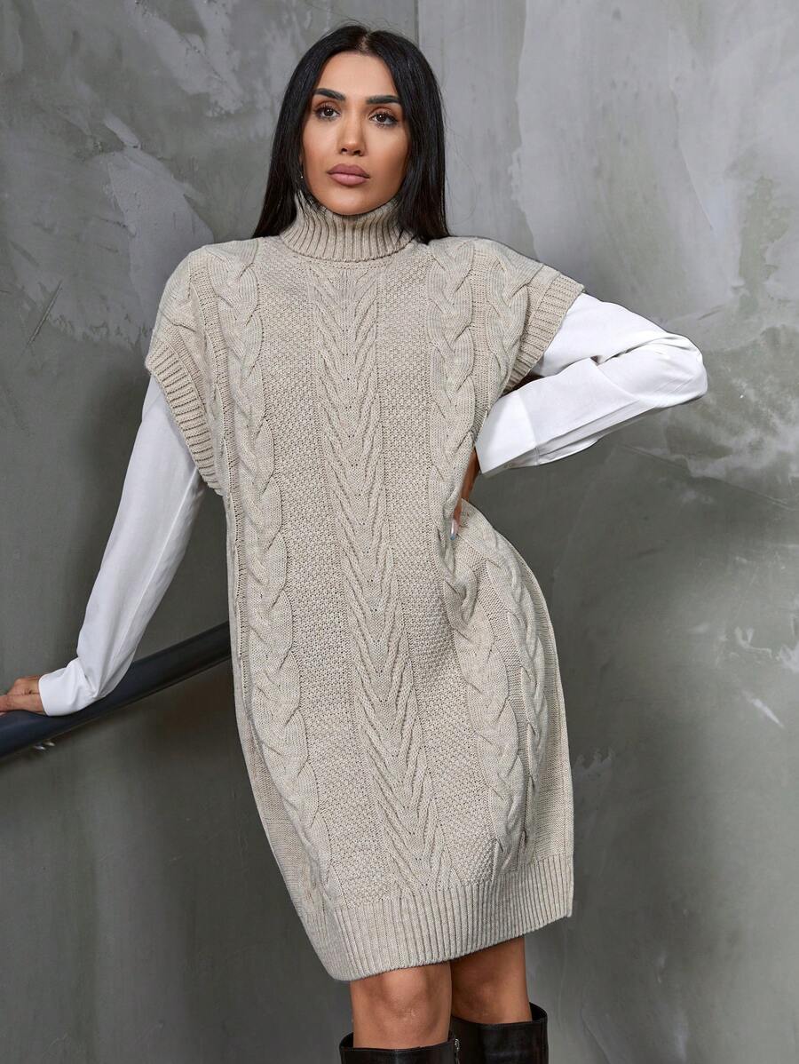 Warme Kabelgebreide Mini Sweaterjurk Voor Dames Met Col