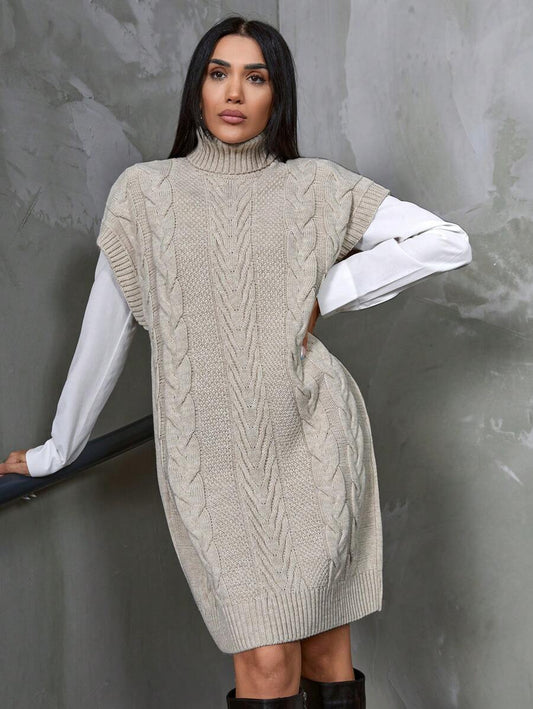 Warme Kabelgebreide Mini Sweaterjurk Voor Dames Met Col