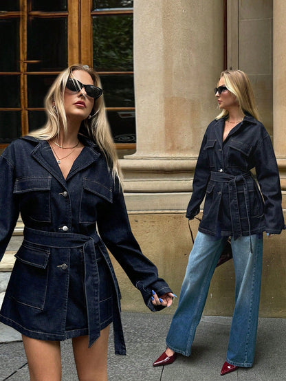 Lange Denim Jas met Ceintuur en Zakken voor Dames