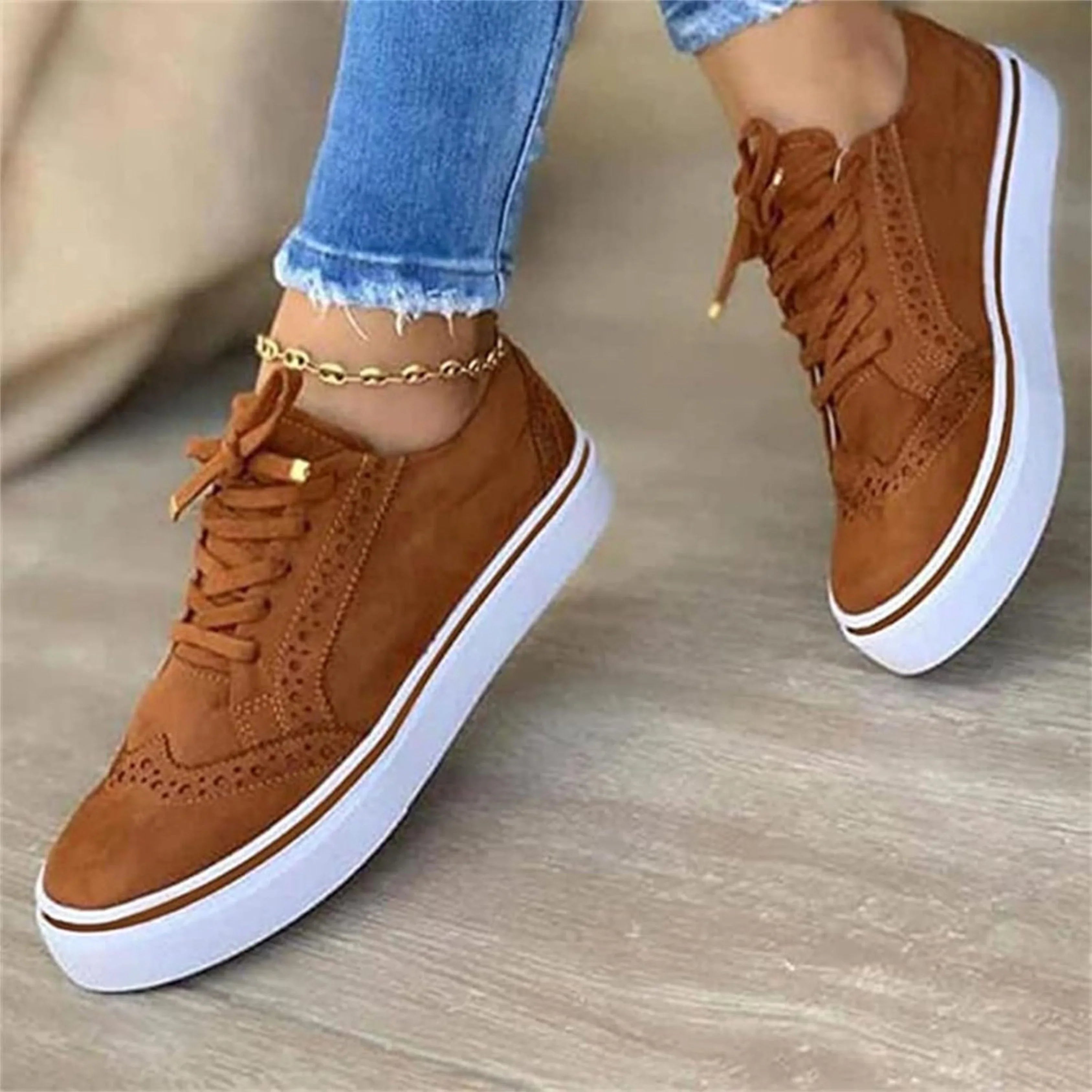 Stylish Brogue Sneakers with Platform Sole and Laces for Women