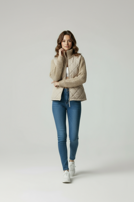 Dames Gewatteerde Jas met Gebreide Mouwen