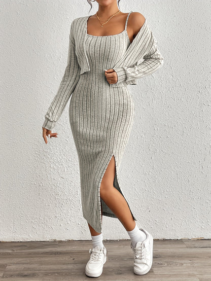 Trendy Aansluitende Midi jurk Set Voor Dames Met Kort Vest En Split