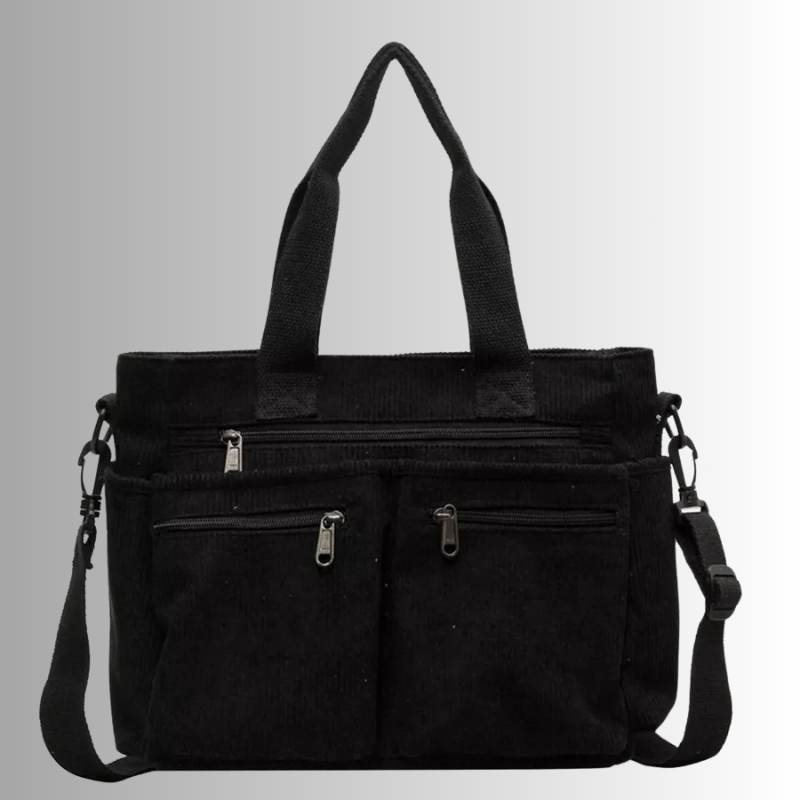 Women's casual corduroy shopper bag with zippered compartments and shoulder strap