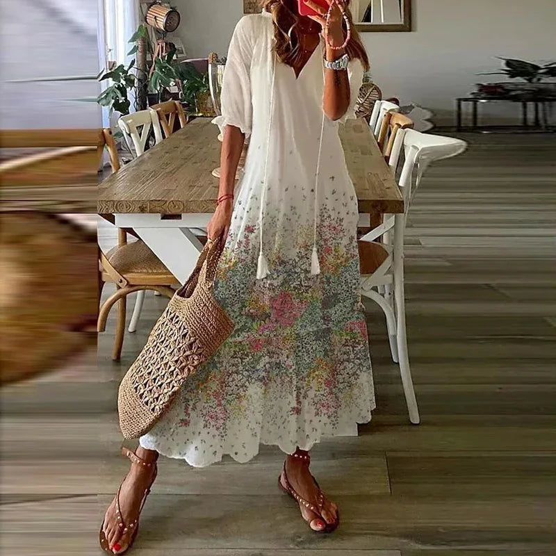Robe maxi bohème à imprimé floral et col en V