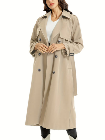 Elegante Maxi Trenchcoat Voor Dames Dubbelrijig Met Ceintuur