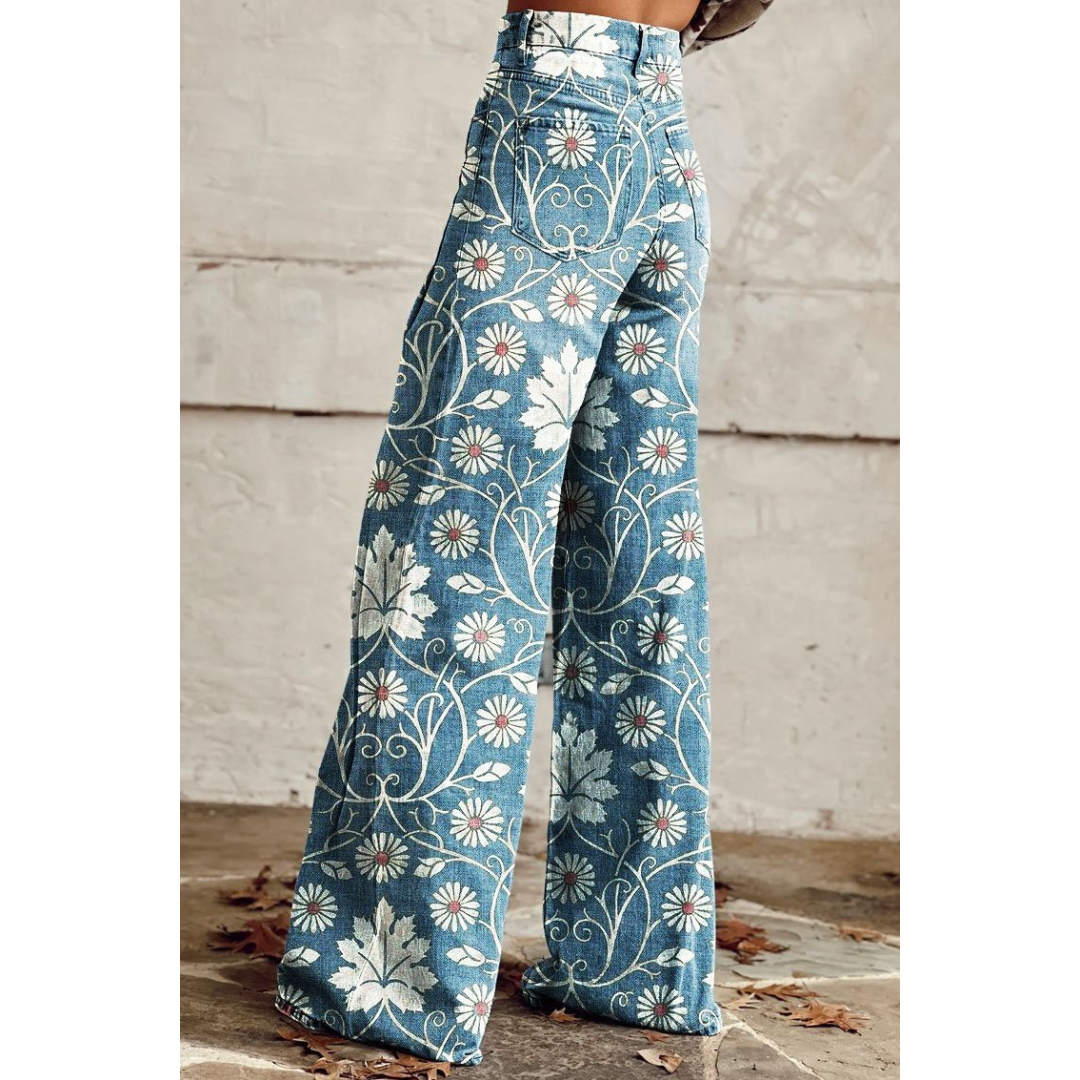 Palazzo Jeans Met Bloemenprint En Hoge Taille