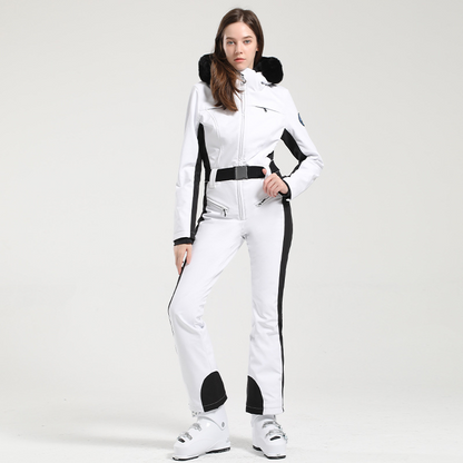 Winter Dames Slim Fit Skijumpsuit met Capuchon en Tailleceintuur