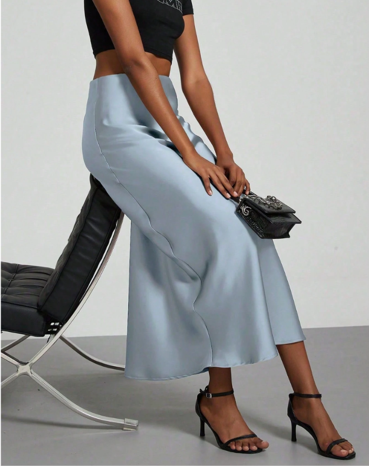 Elegant Satin Look Midi Skirt with High Waist and Smooth Drape