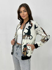 Women's Lightweight Bomber Jacket with Zipper and Graphic Print