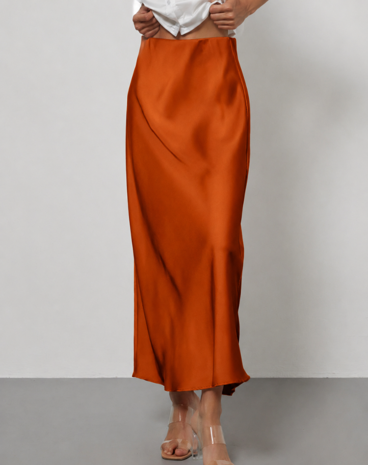 A-Line Satin Look Midi Skirt for Women with Slit and High Waist