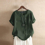 Linen Blouse with Short Sleeves and Button Closure for Women