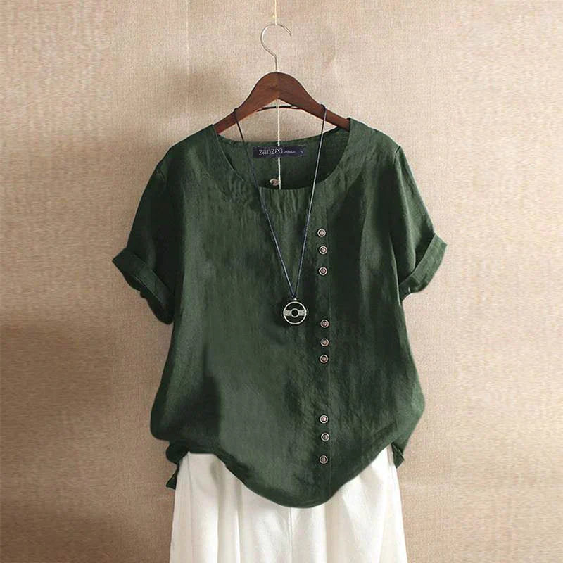 Linen Blouse with Short Sleeves and Button Closure for Women