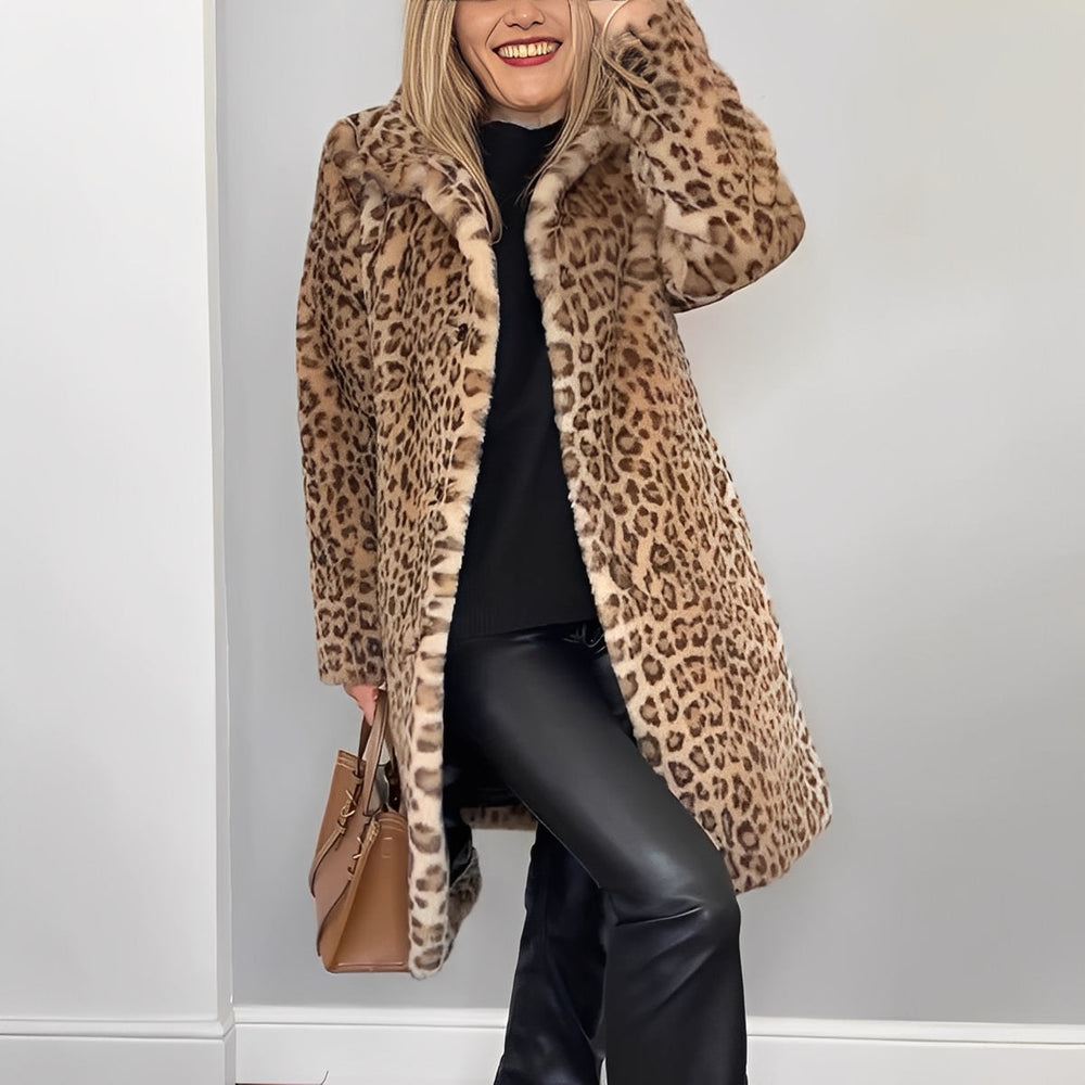 Dames Chique Lange Winterjas met Luipaardprint en Grote Kraag