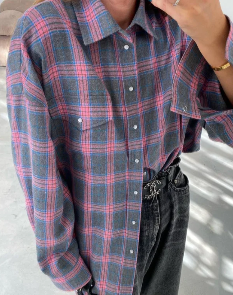 Checked Oversized Blouse with Chest Pocket for Women