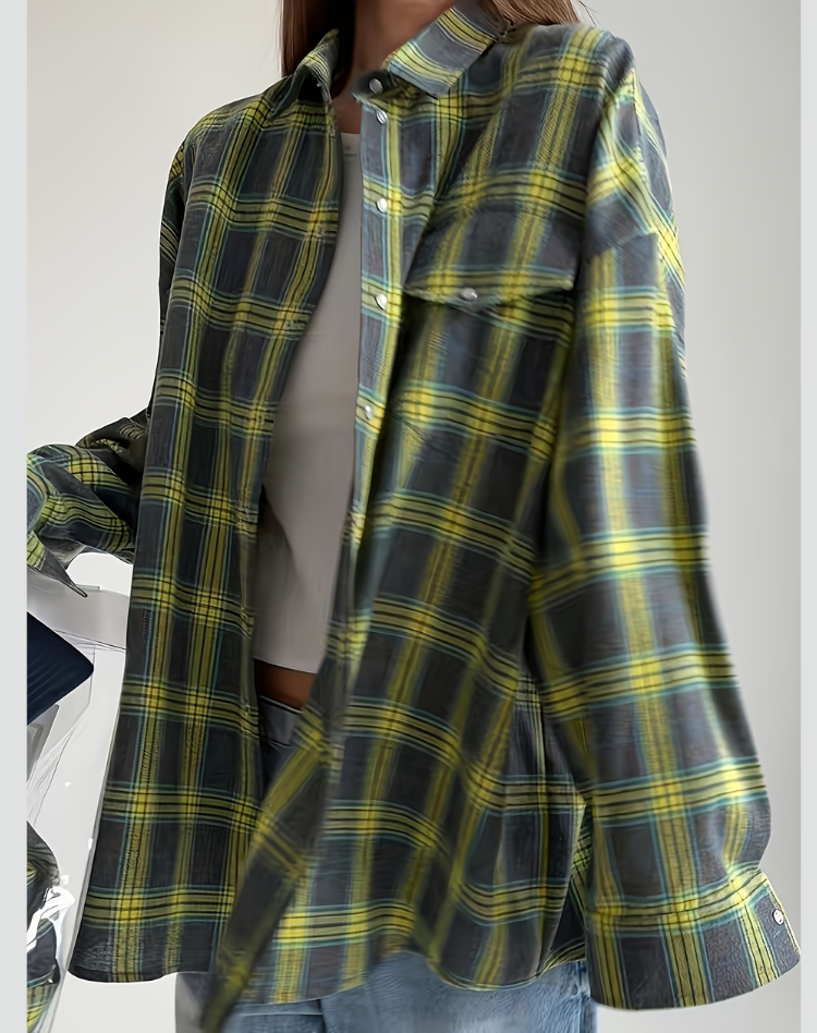 Checked Oversized Blouse with Chest Pocket for Women