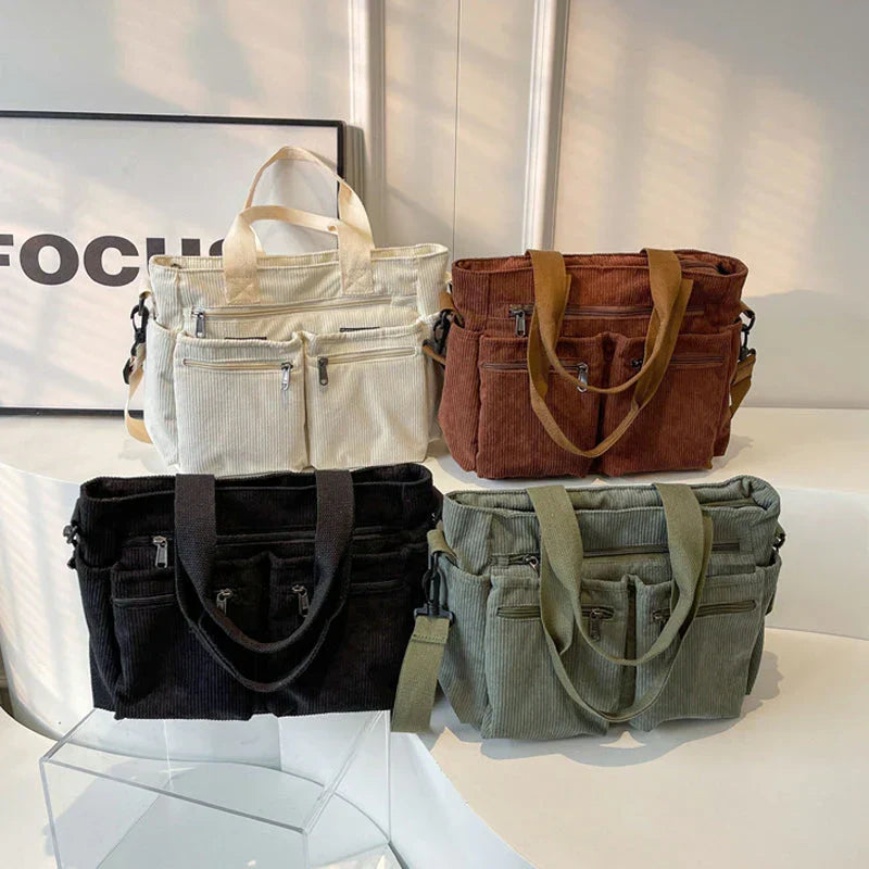 Women's casual corduroy shopper bag with zippered compartments and shoulder strap