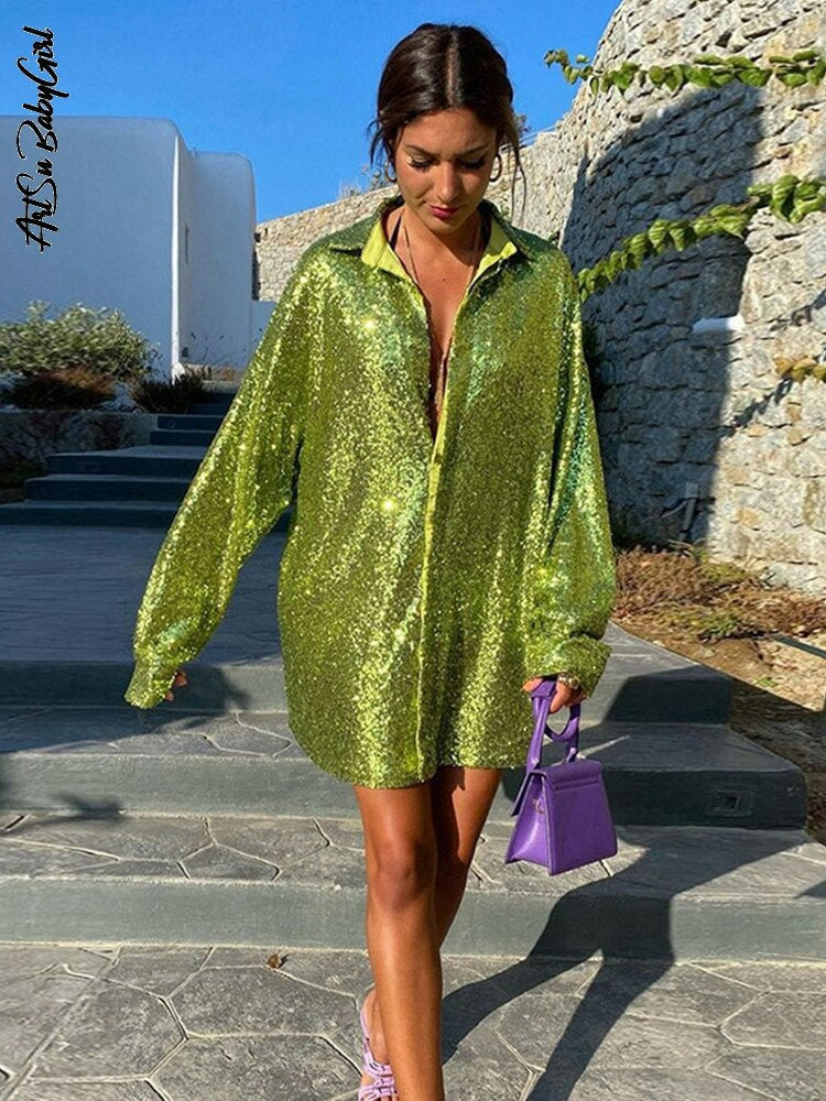 Dames Feestelijke Oversized Blouse met Pailletten en Kraag