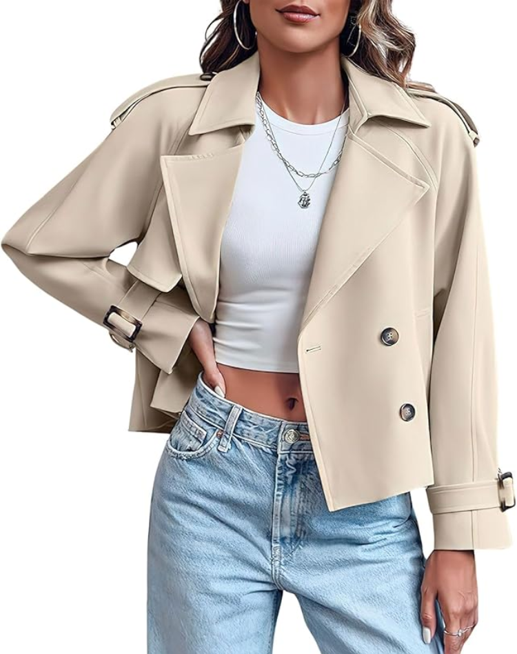 Beige Trench Coat Women Short Classic with Belt and Button Closure
