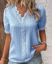 Elegante Geplooide Dames Blouse Met Kant En Korte Mouwen