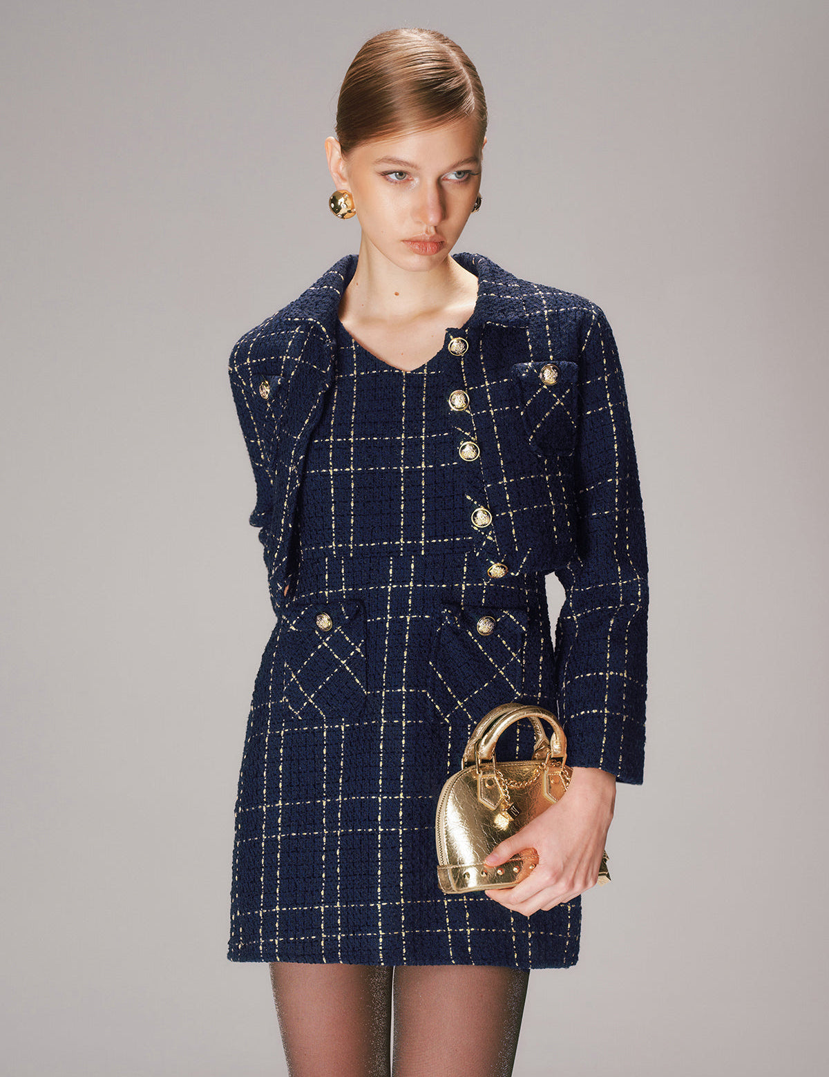 Dames Chique Tweed Set met Korte Blazer en Mini Jurk