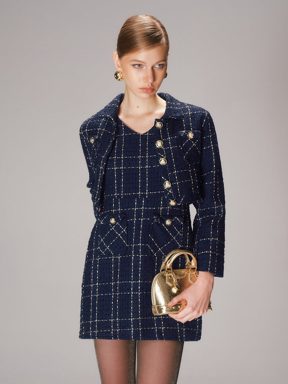 Dames Chique Tweed Set met Korte Blazer en Mini Jurk