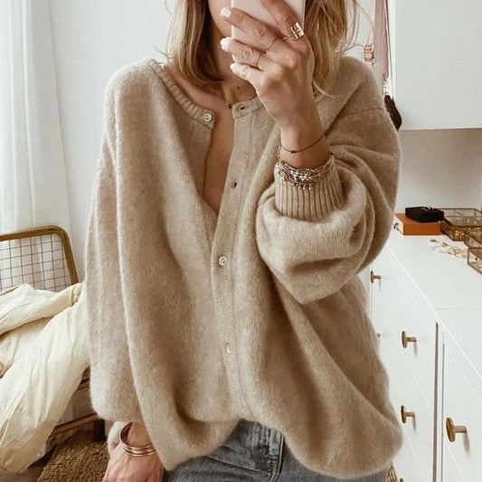 Dames Oversized Cardigan in Beige met Knopen en Verlaagde Schouders Chique