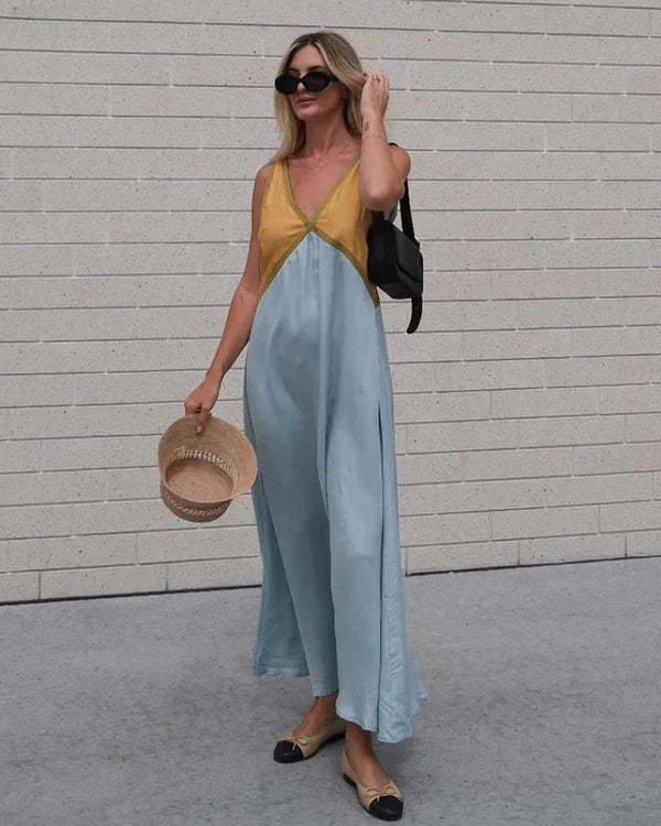 Mouwloze contrast zomerjurk voor vrouwen | Maxi