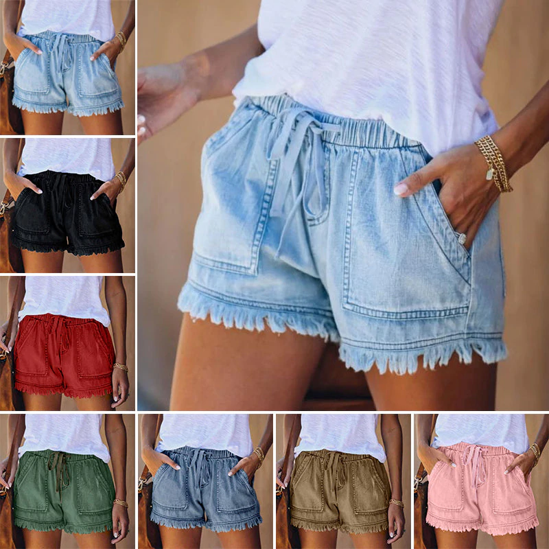 Dames Denim Short Met Trekkoord En Raffelzoom