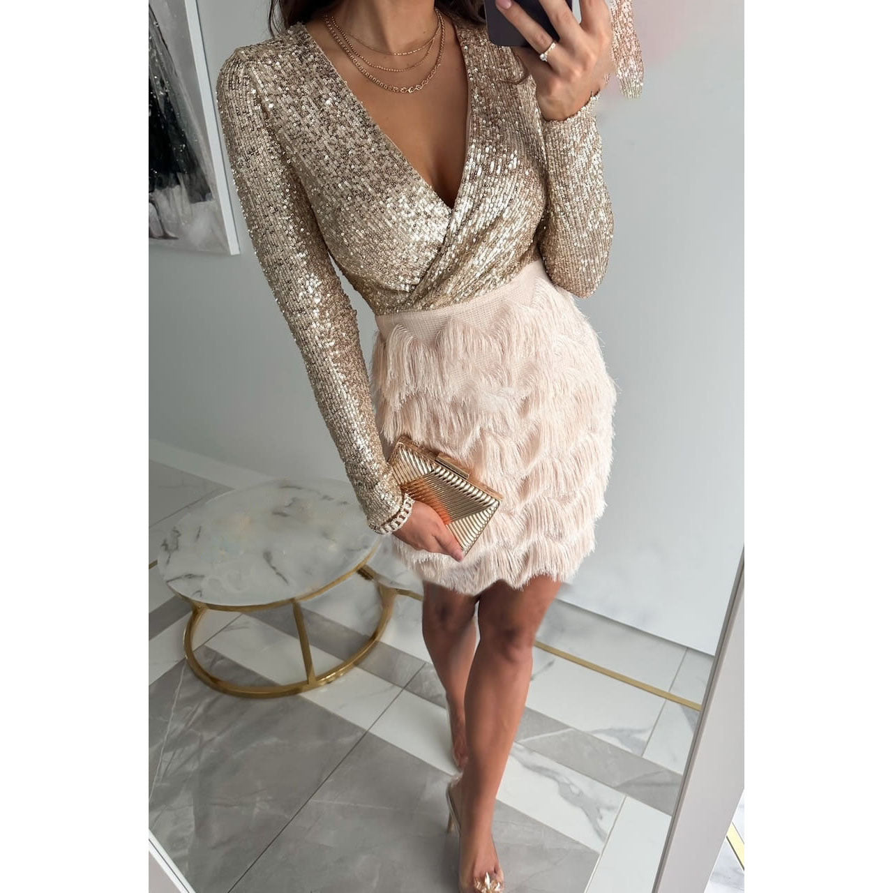 Pailletten Chique Dames Mini Cocktailjurk V Hals Franjes