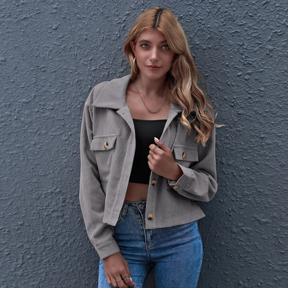 Dames Ribfluwelen Cropped Jas Met Knoopsluiting