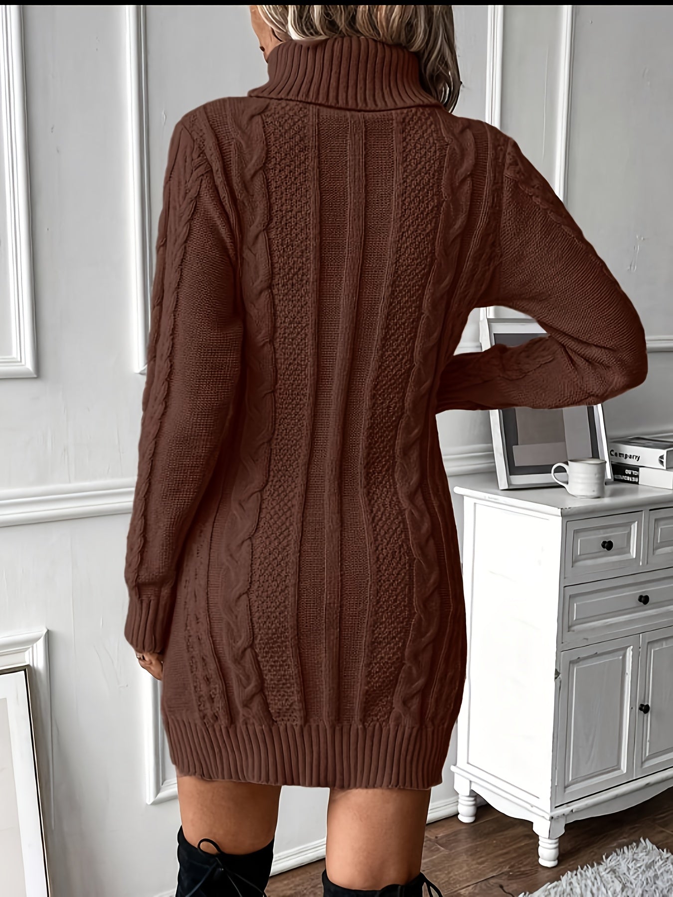 Chique Col Mini Sweaterjurk Voor Vrouwen Met Kabelpatroon