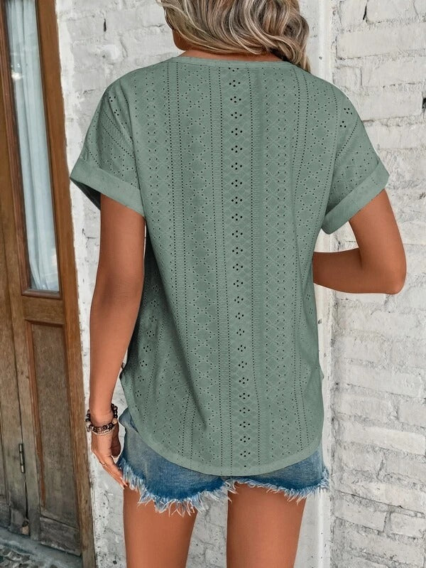 Geborduurde Blouse Met Korte Mouwen En Ronde Hals