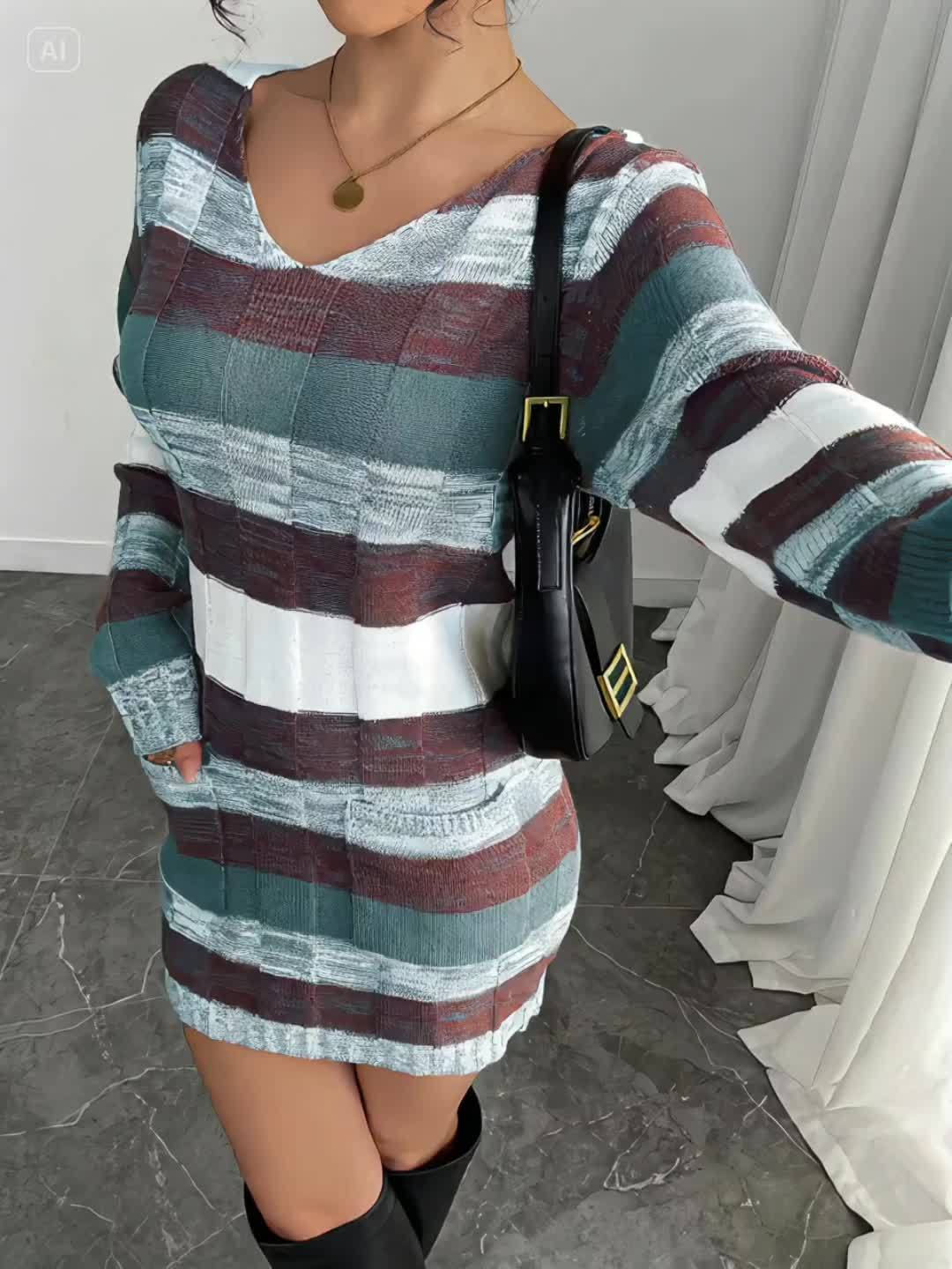 Stijlvolle Geruite Mini Sweaterjurk Met Lange Mouwen En Zakken