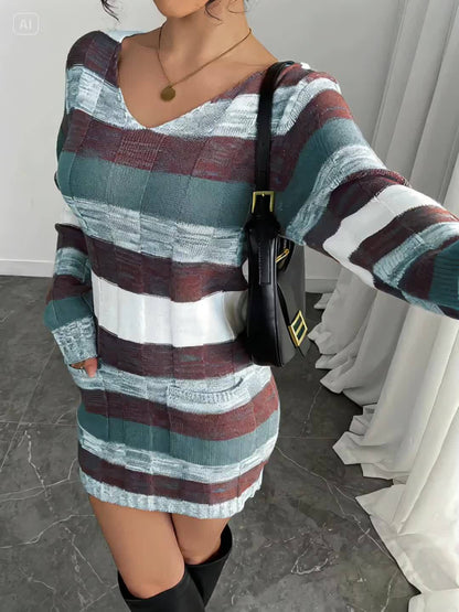 Stijlvolle Geruite Mini Sweaterjurk Met Lange Mouwen En Zakken