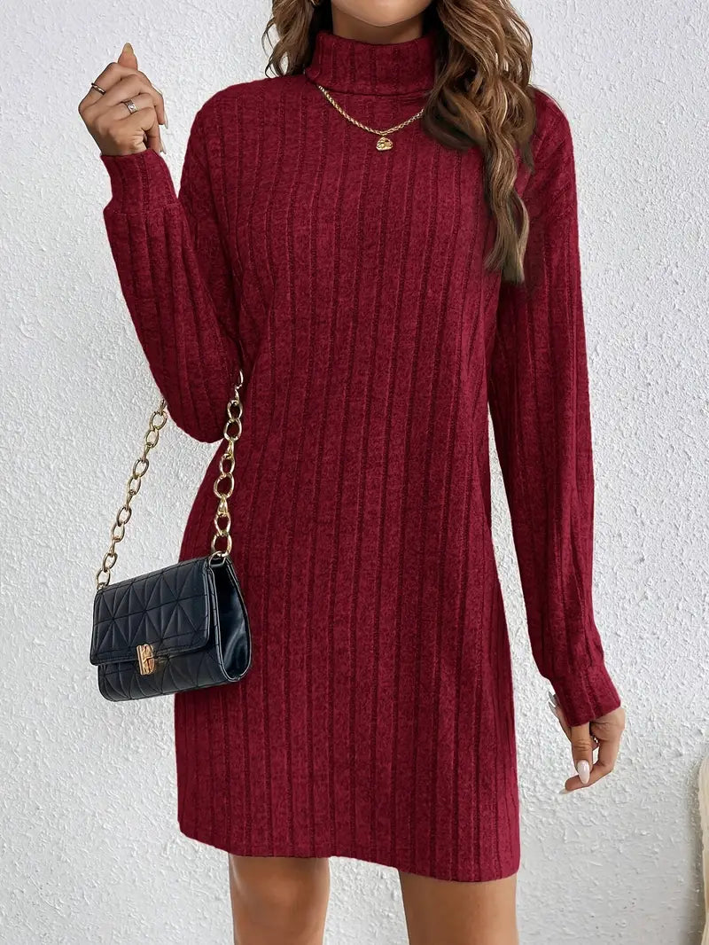 Robe pull mini côtelée tendance pour femmes avec col roulé et manches longues