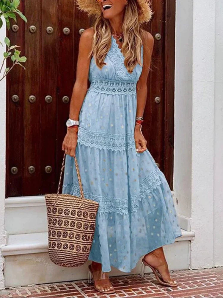 Kaia - Mouwloze Bohemian Dames Maxi Jurk met Kant