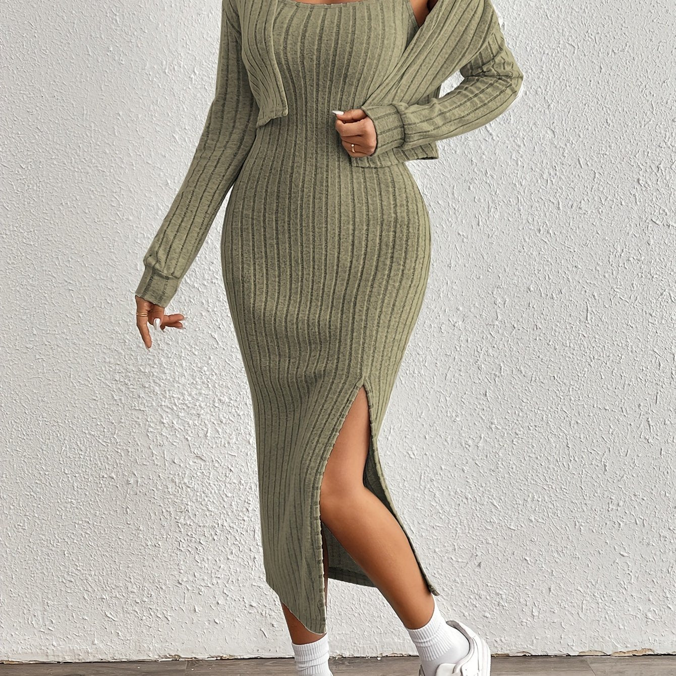Trendy Aansluitende Midi jurk Set Voor Dames Met Kort Vest En Split
