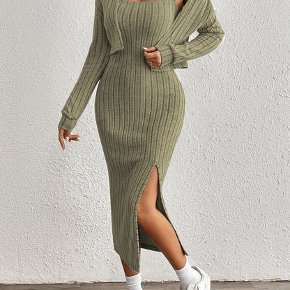 Trendy Aansluitende Midi jurk Set Voor Dames Met Kort Vest En Split