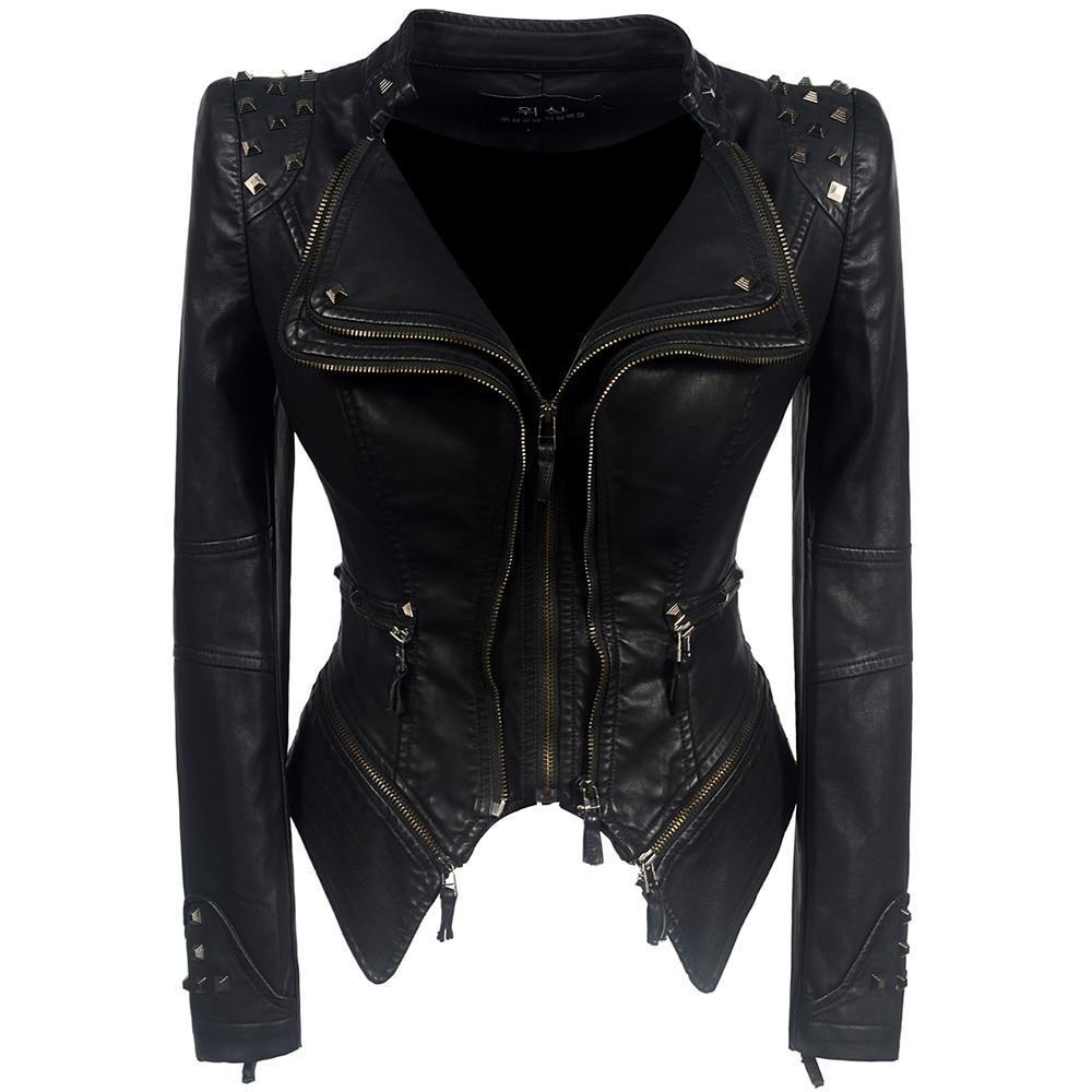 Zwart Leren Dames Jas Body Con met Rits en Studs