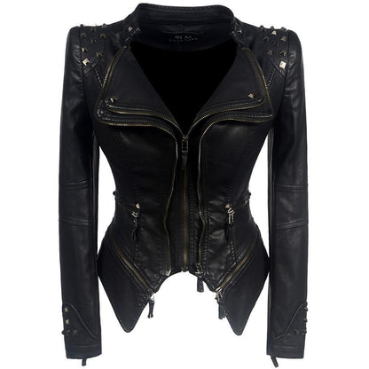 Zwart Leren Dames Jas Body Con met Rits en Studs