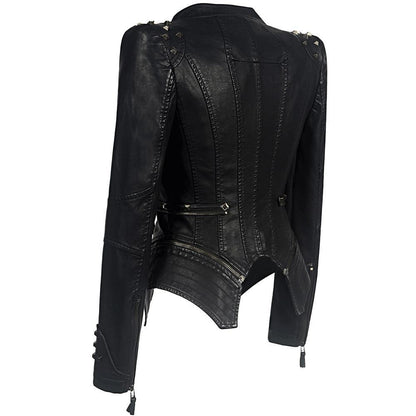 Zwart Leren Dames Jas Body Con met Rits en Studs