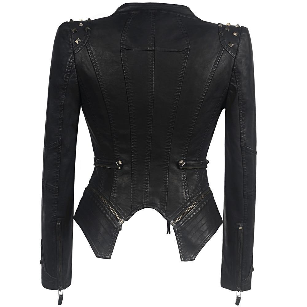 Zwart Leren Dames Jas Body Con met Rits en Studs